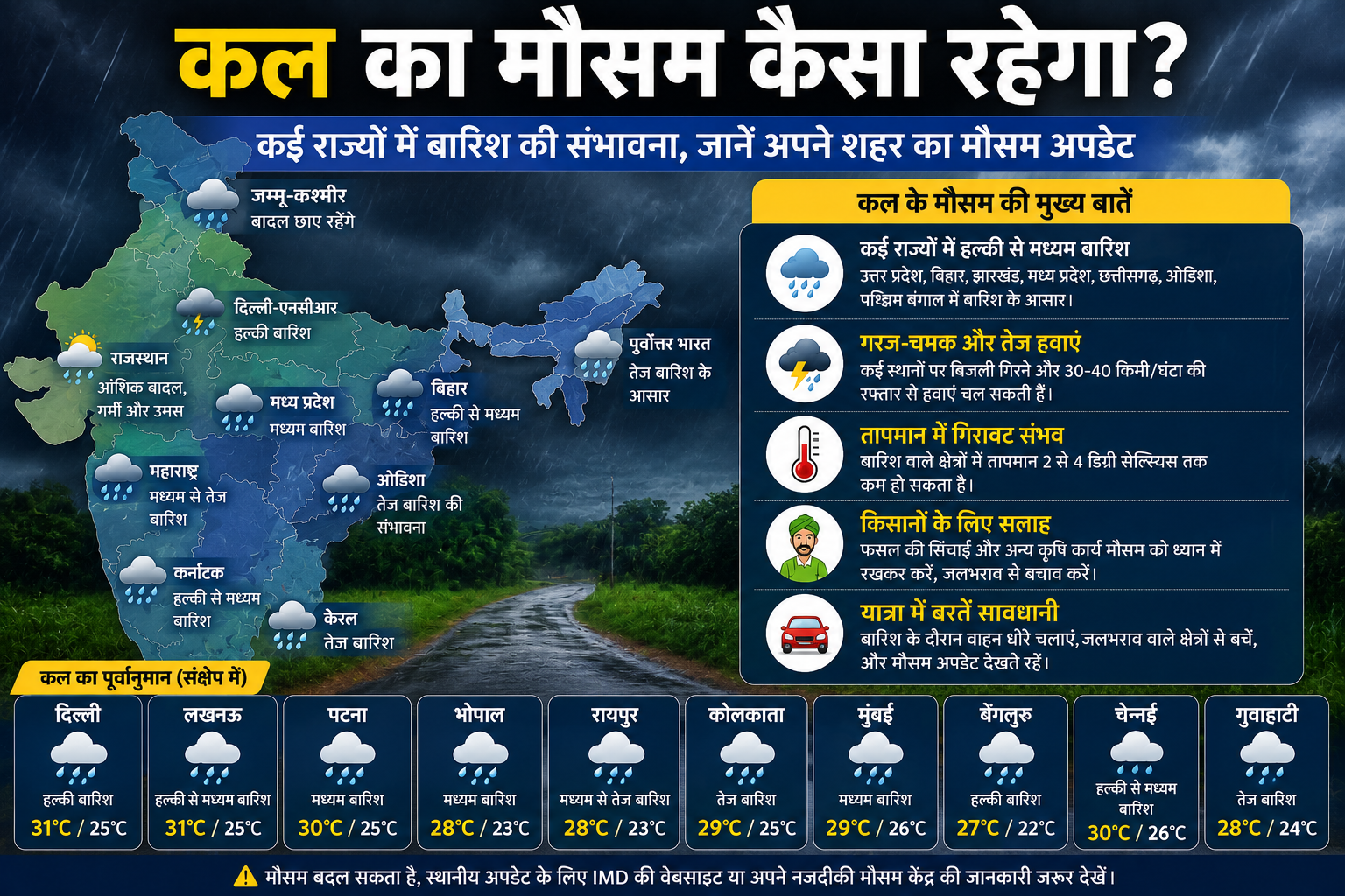 कल का मौसम कैसा रहेगा? जानिए भारत के विभिन्न राज्यों में बारिश, तापमान, आंधी-तूफान और मौसम विभाग (IMD) का ताजा मौसम पूर्वानुमान।